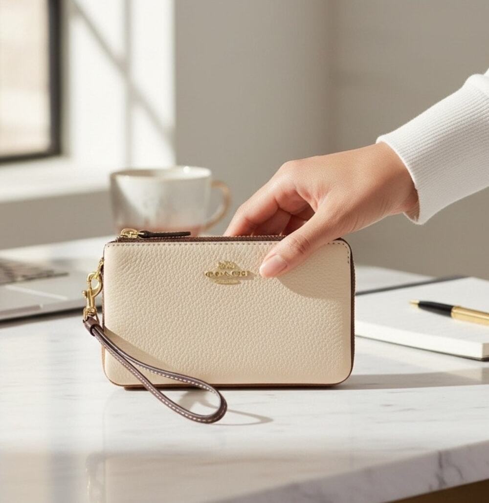 Coach Double Corner Zip Wristlet In Colorblock Ivory Light Saddle Leather 91622